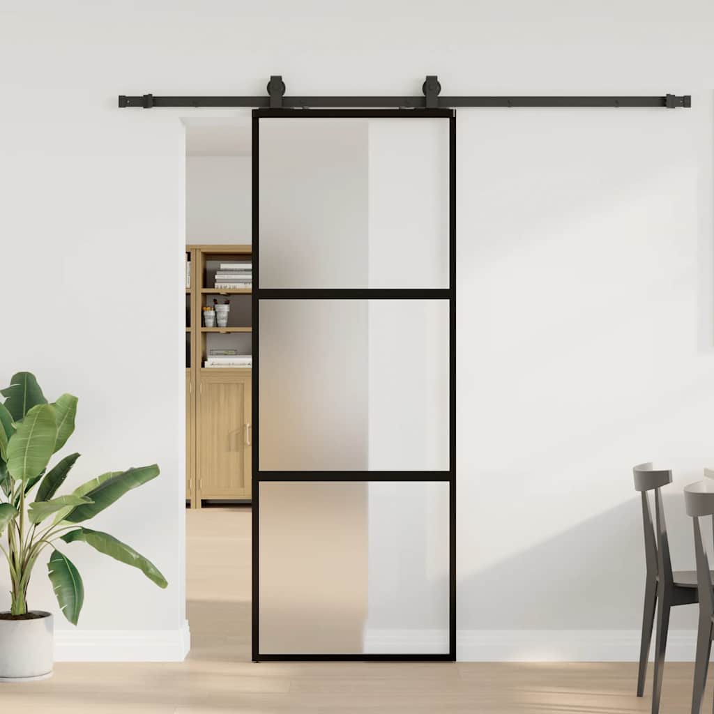 skydedør med hardwaresæt 76x205 cm hærdet glas sort