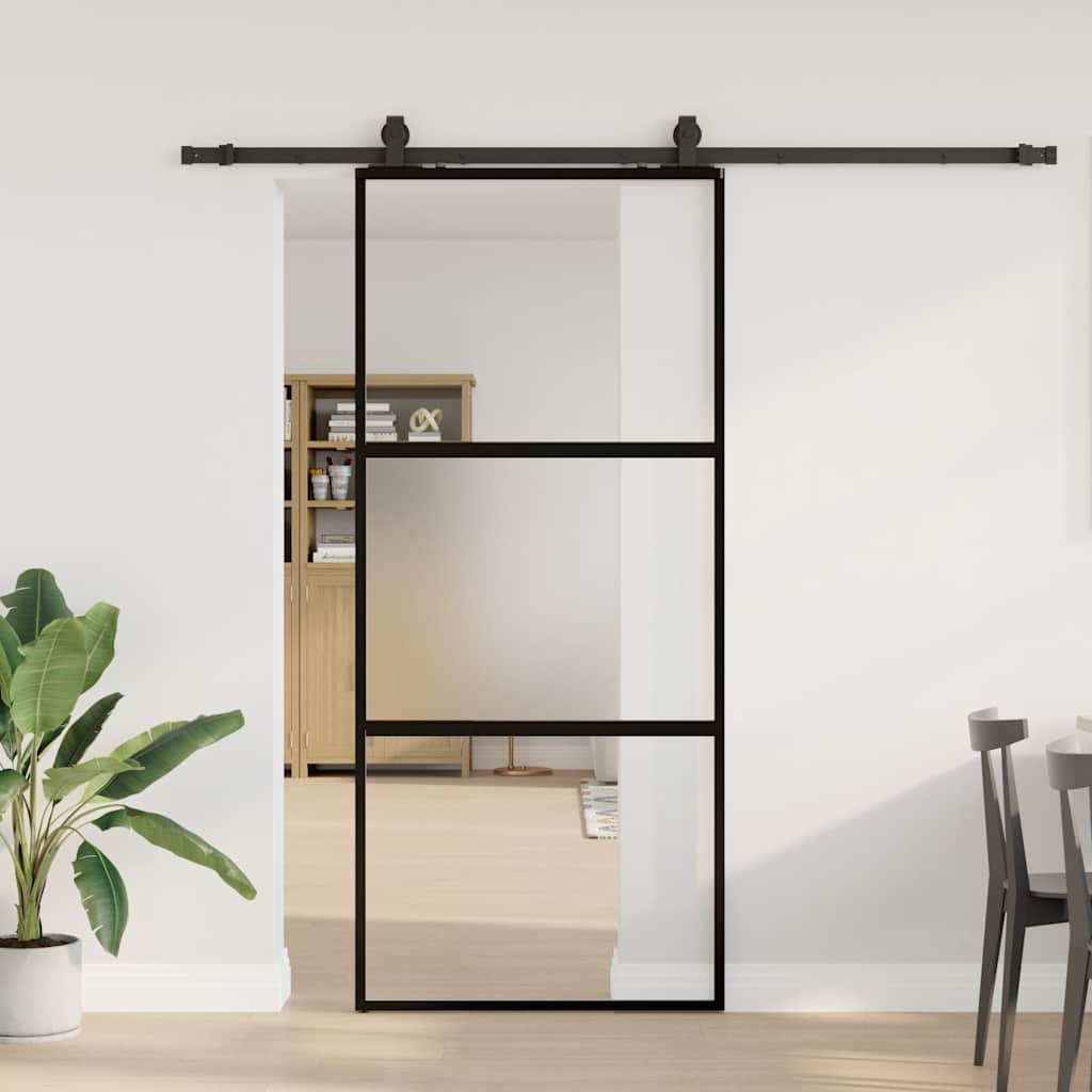 skydedør med hardwaresæt 90x205 cm hærdet glas sort