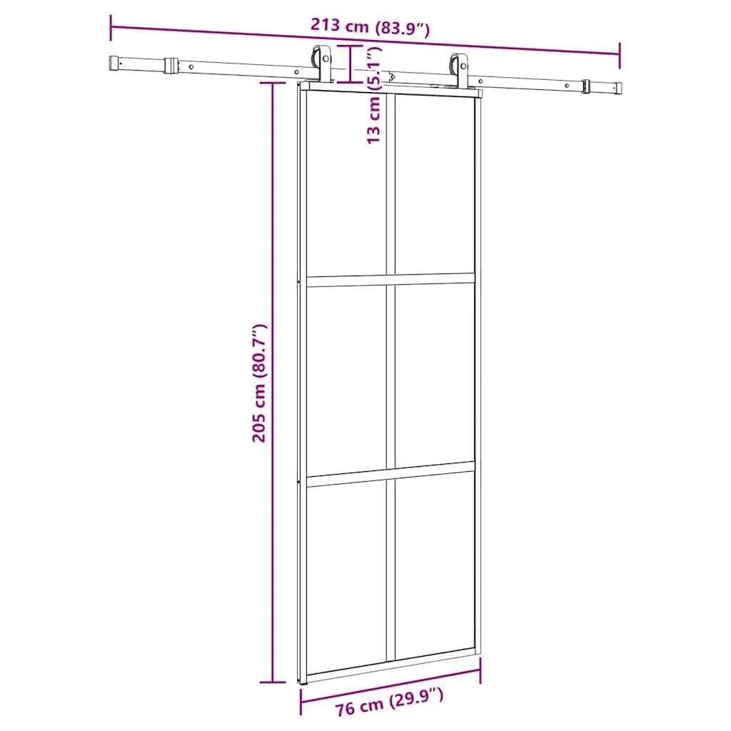 skydedør med hardwaresæt 76x205 cm hærdet glas sort