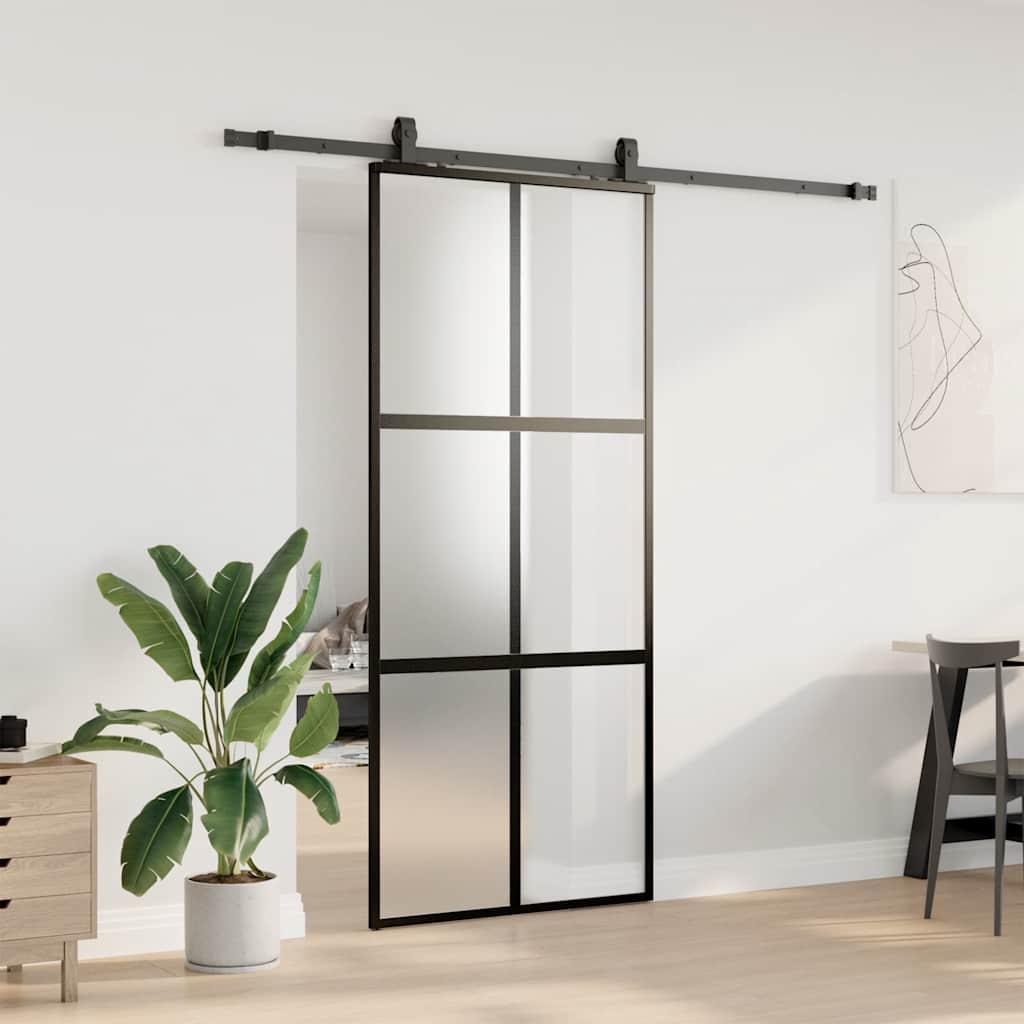 skydedør med hardwaresæt 90x205 cm hærdet glas sort