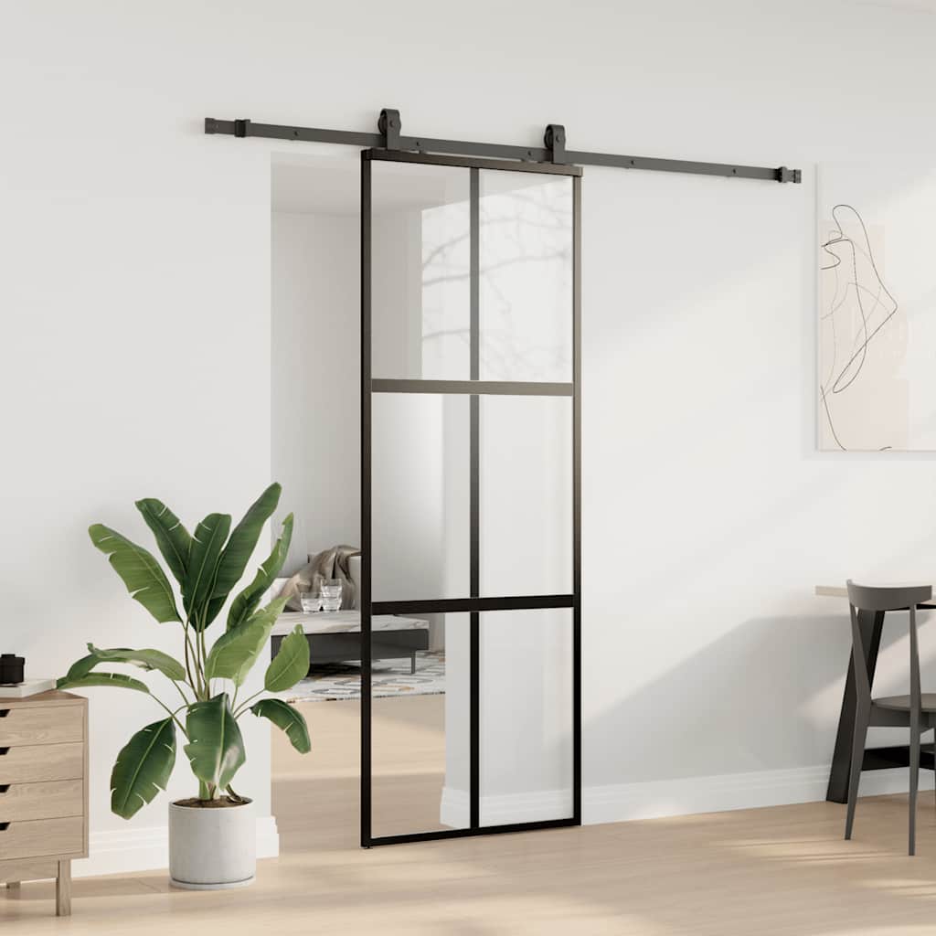 skydedør med hardwaresæt 76x205 cm hærdet glas sort