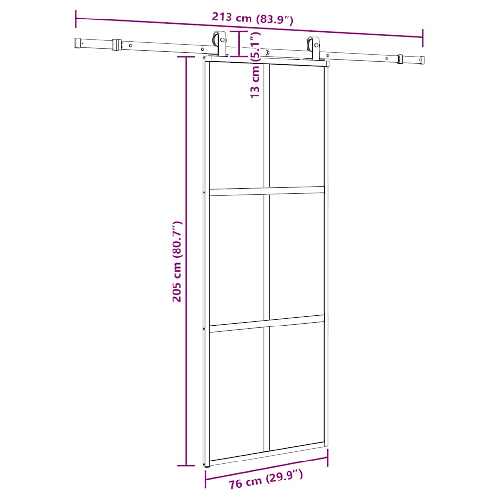 skydedør med hardwaresæt 76x205 cm hærdet glas sort