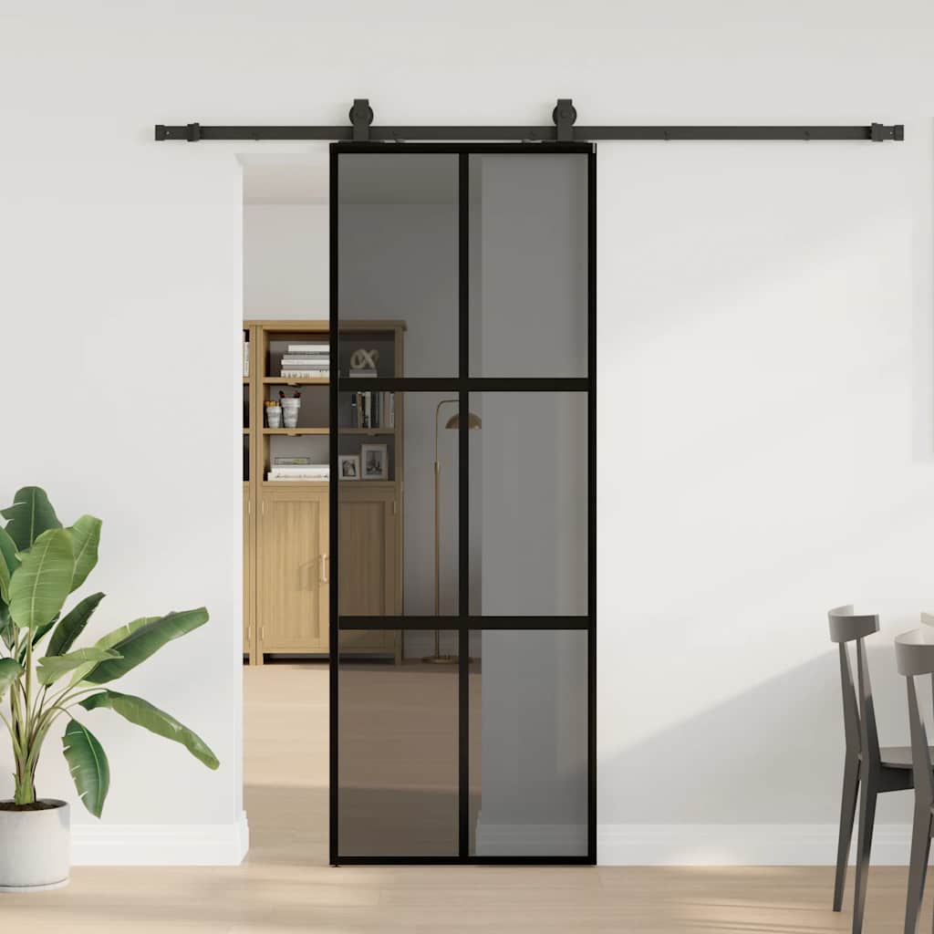 skydedør med hardwaresæt 76x205 cm hærdet glas sort