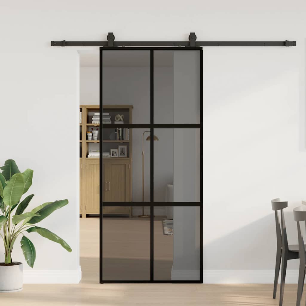 skydedør med hardwaresæt 90x205 cm hærdet glas sort