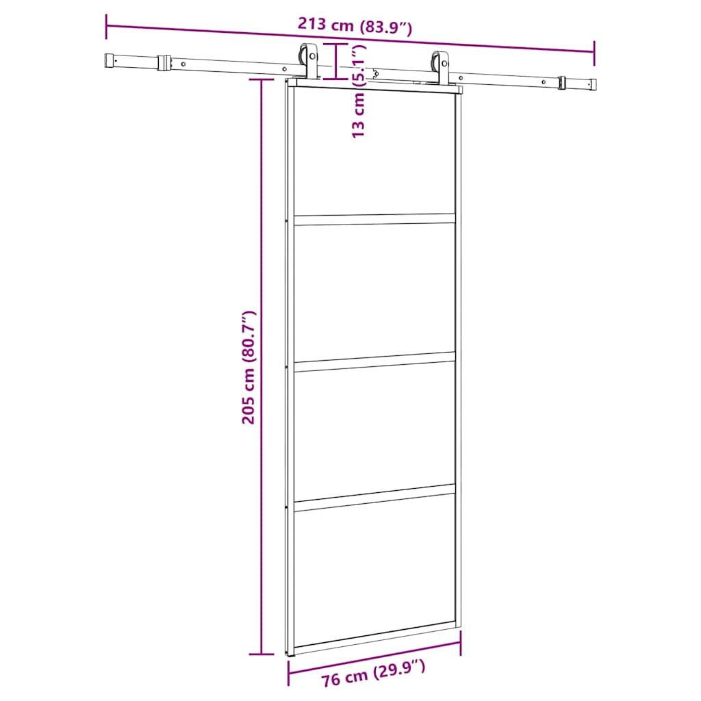 skydedør med hardwaresæt 76x205 cm hærdet glas sort