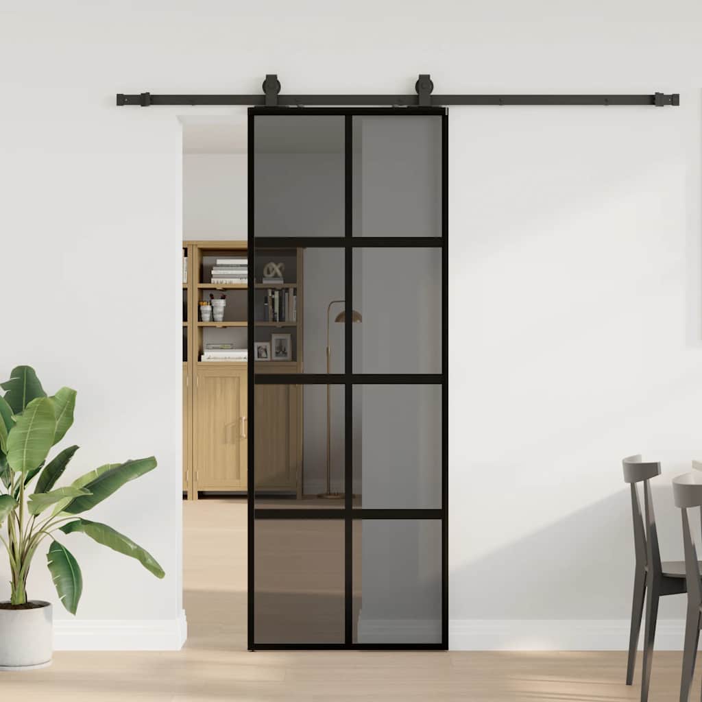 skydedør med hardwaresæt 76x205 cm hærdet glas sort