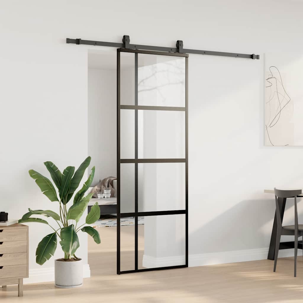 skydedør med hardwaresæt 76x205 cm hærdet glas sort