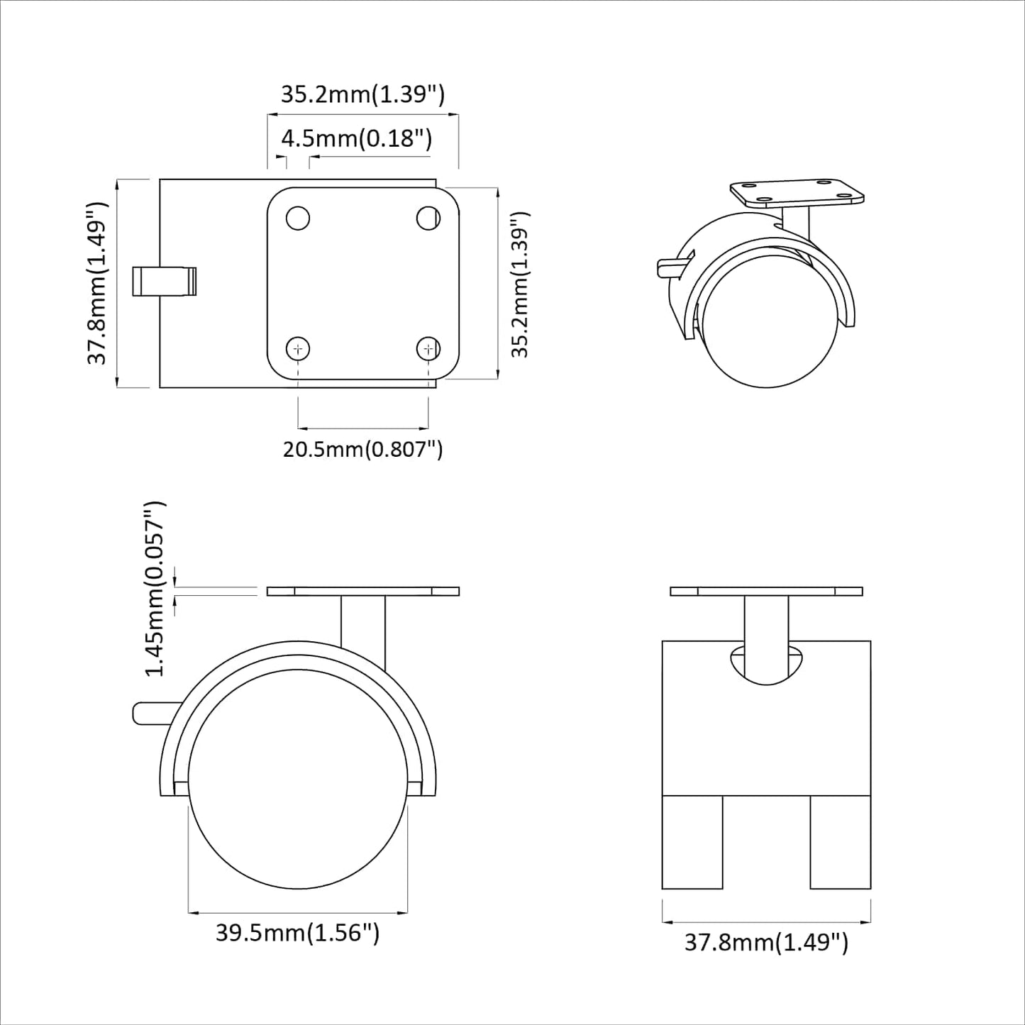 Hjul 2 stk. Sort 39,5 x 39,5 x 37,8 mm Jern og Polypropylen