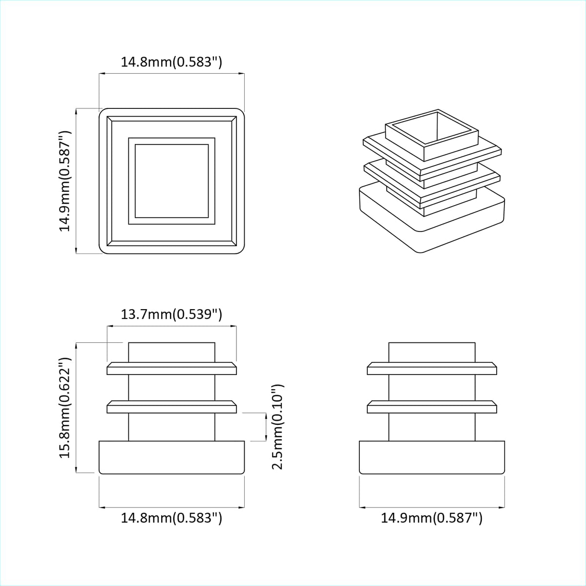 Endekapsler 12 stk. Sort 15 x 15 x 15 mm PP