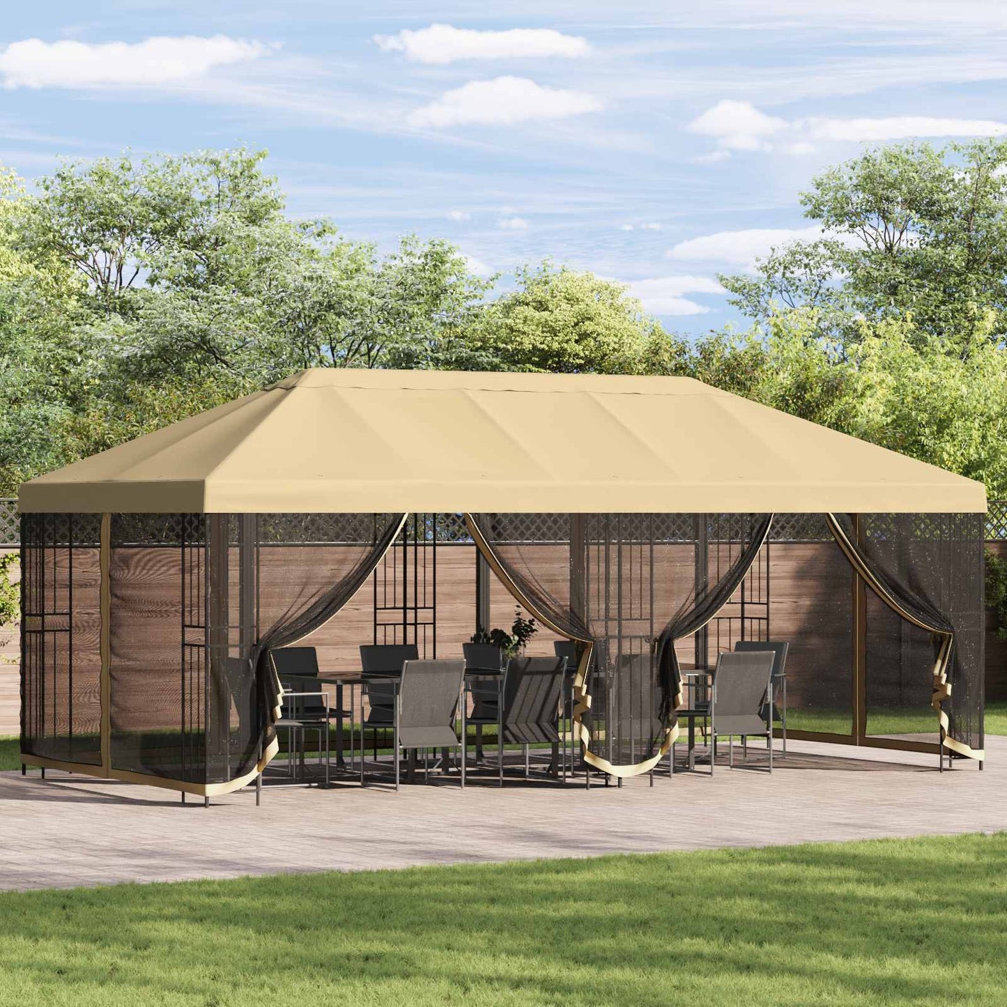 Pavillon med sidetapper 6 x 3 m Cremefarvet Polyester og Stål