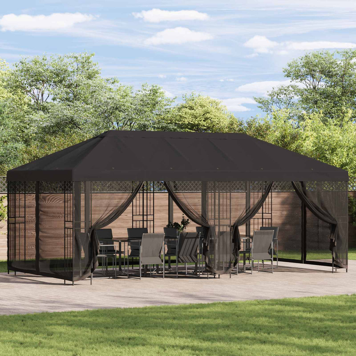 Pavillon med sidetapper 6 x 3 m Antracit Polyester og Stål