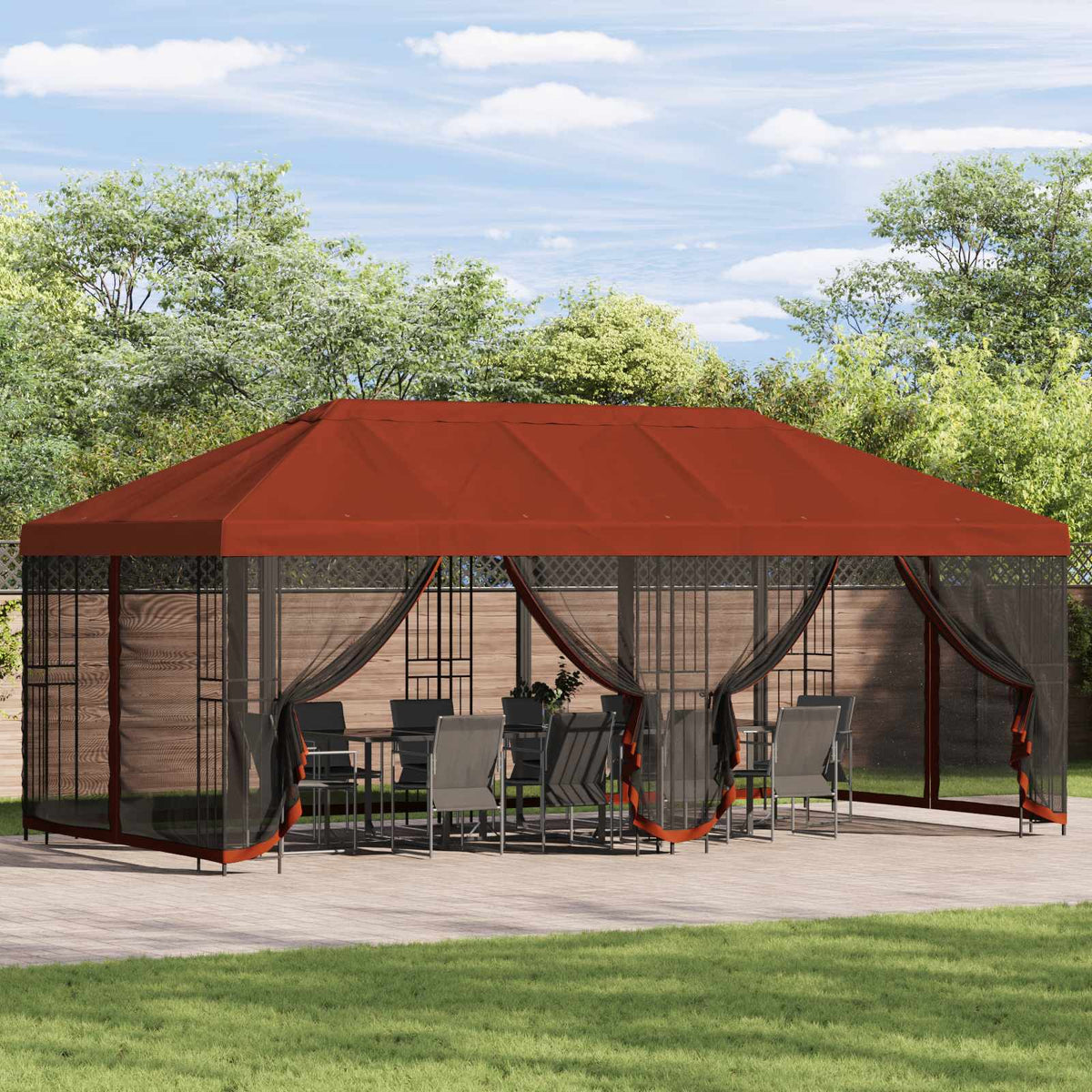 Pavillon med sidetapper 6 x 3 m Terrakotta Polyester og Stål