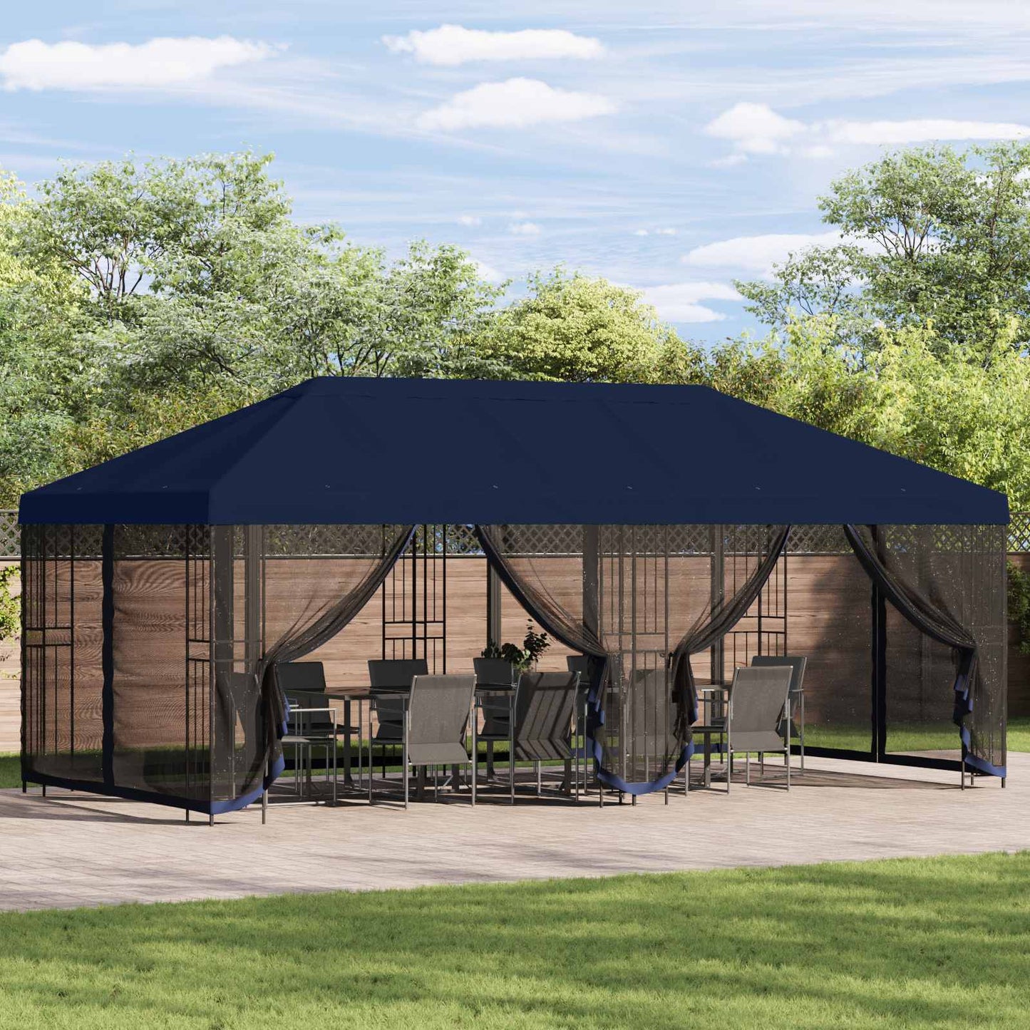 Pavillon med sidetapper 6 x 3 m Blå Polyester og Stål 190 gsm
