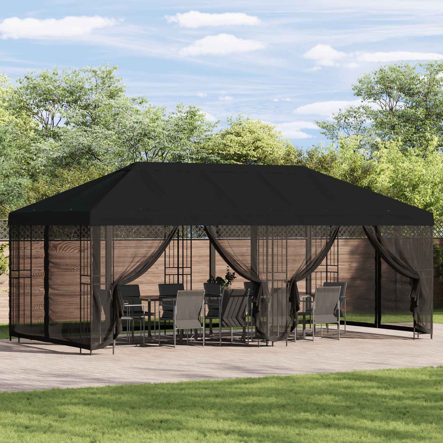 Pavillon med sidetapper 6 x 3 m Sort Polyester og Stål 190 gsm