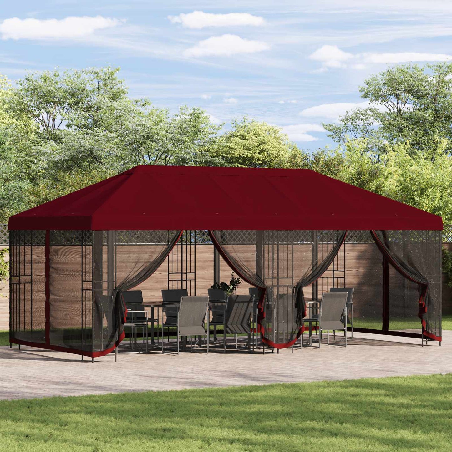 Pavillon med sidetapper 6 x 3 m Bordeaux Polyester og Stål