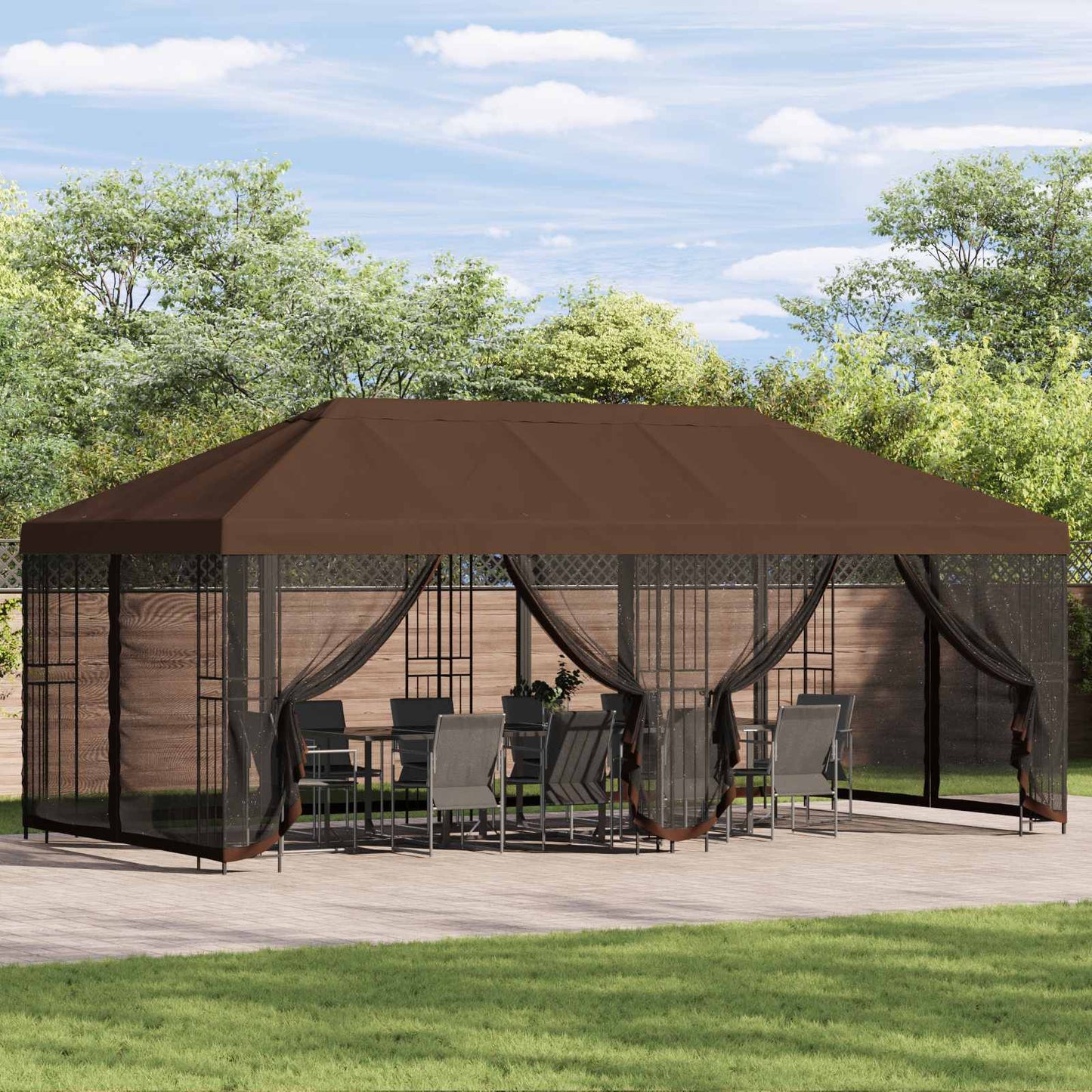 Pavillon med sidetapper 6 x 3 m Brun Polyester og Stål 190 gsm