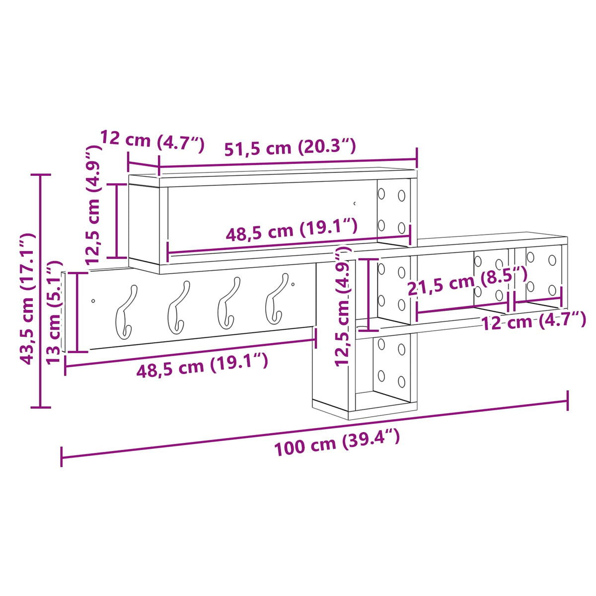 Vægmonteret Jakkeholder Vægmonteret Røget eg 100 x 12 x 43,5 cm