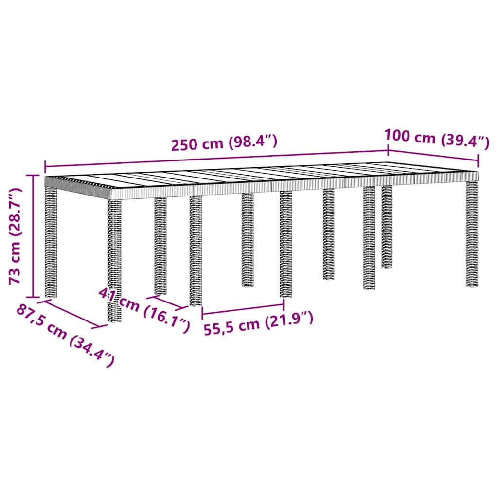 Vejrbestandig Havebord Lysegrå 250 x 100 x 73 cm polyrattan