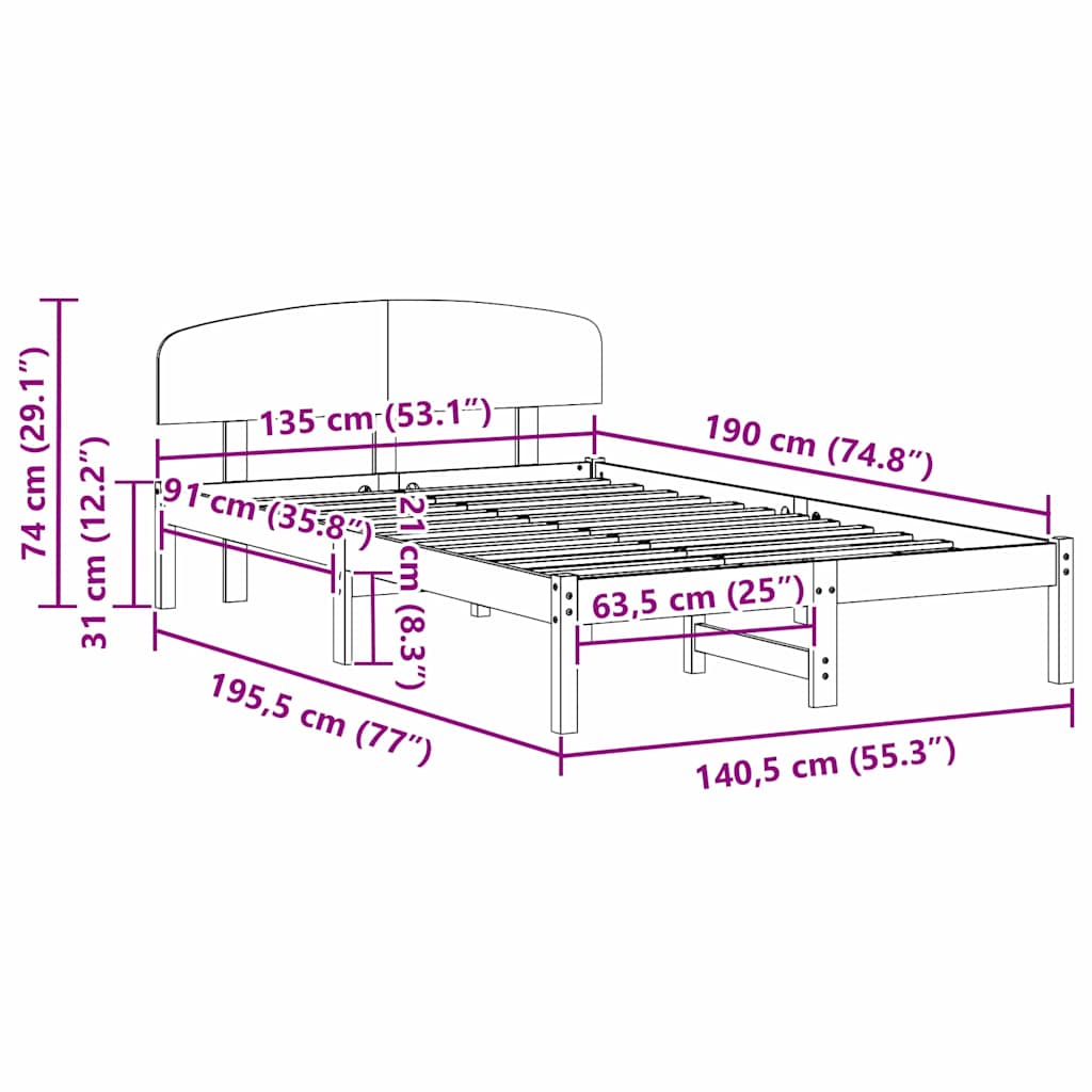 Sengestel med hovedgærde Voks brun 135 x 190 cm Massiv fyrretræ
