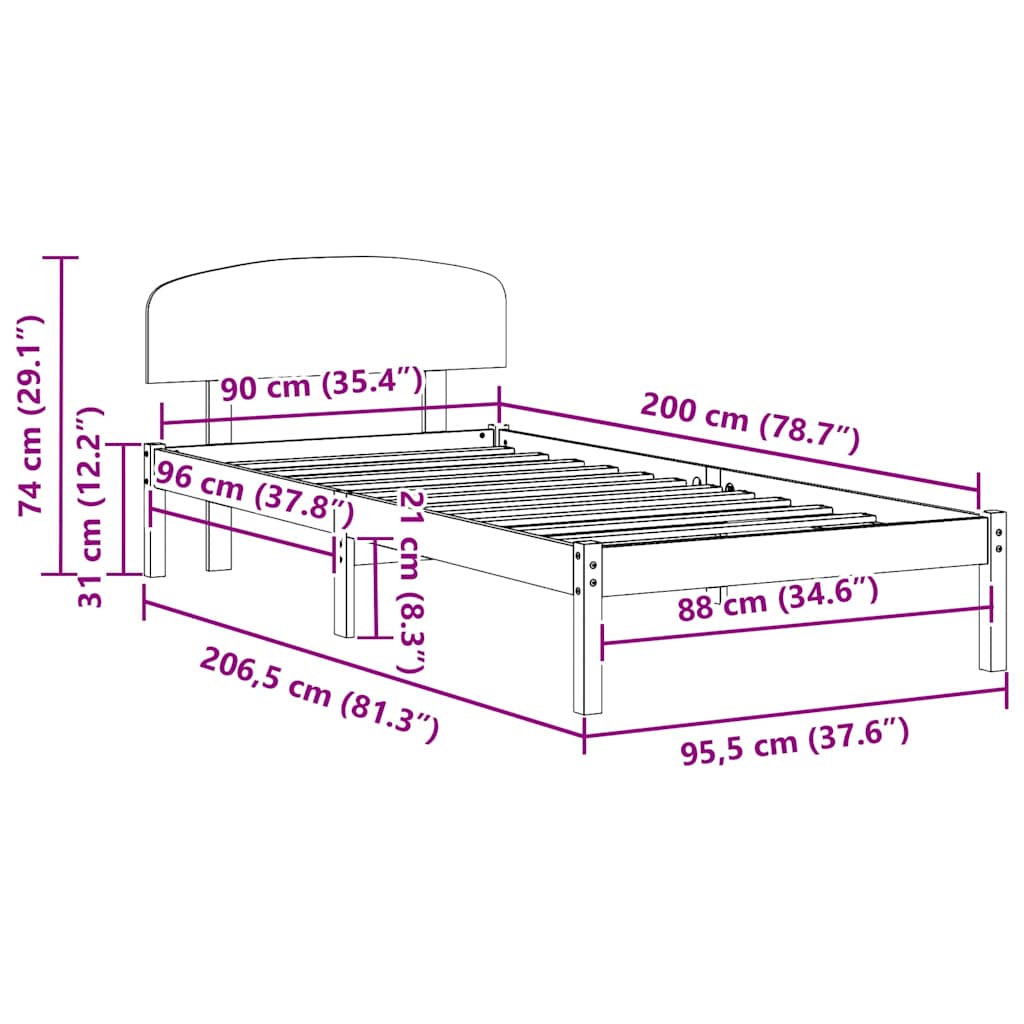Sengestel med hovedgærde Hvid 90 x 200 cm Massiv fyrretræ