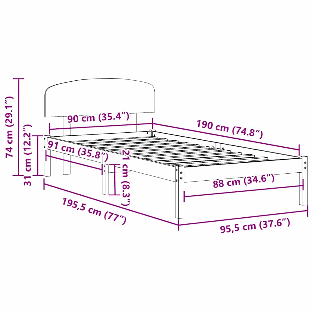 Sengestel med hovedgærde Hvid 90 x 190 cm Massiv fyrretræ