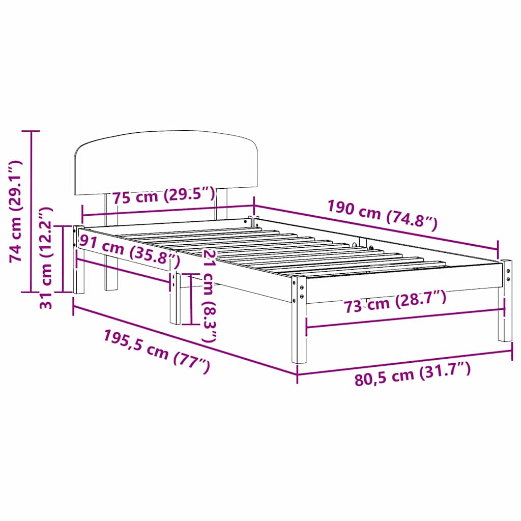 Sengestel Naturfarvet 75 x 190 cm Massiv fyrretræ