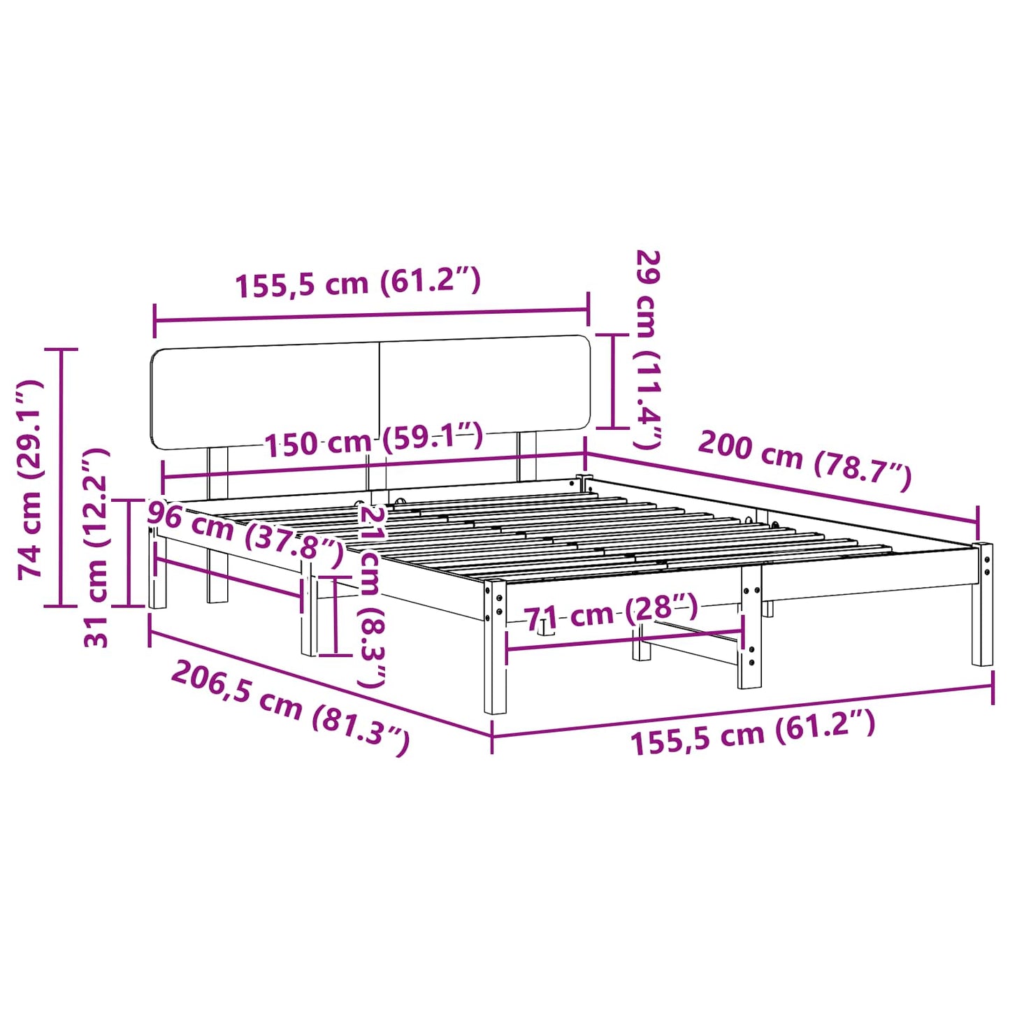 Sengestel med hovedgærde Hvid 150 x 200 cm Massiv fyrretræ
