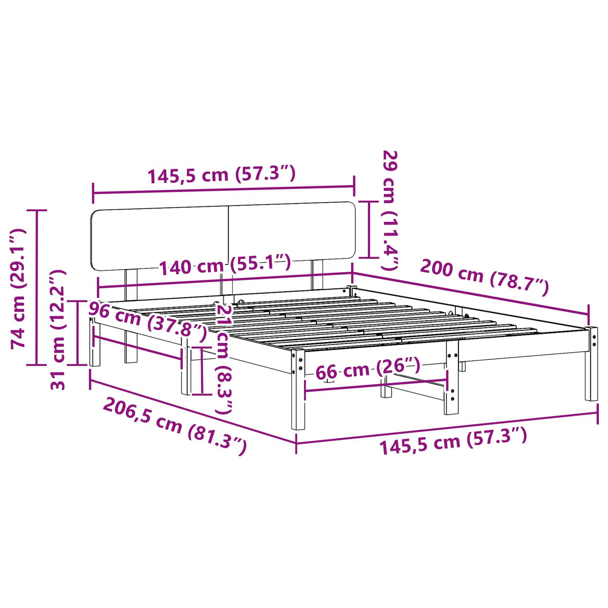 Sengestel med hovedgærde Hvid 140 x 200 cm Massiv fyrretræ