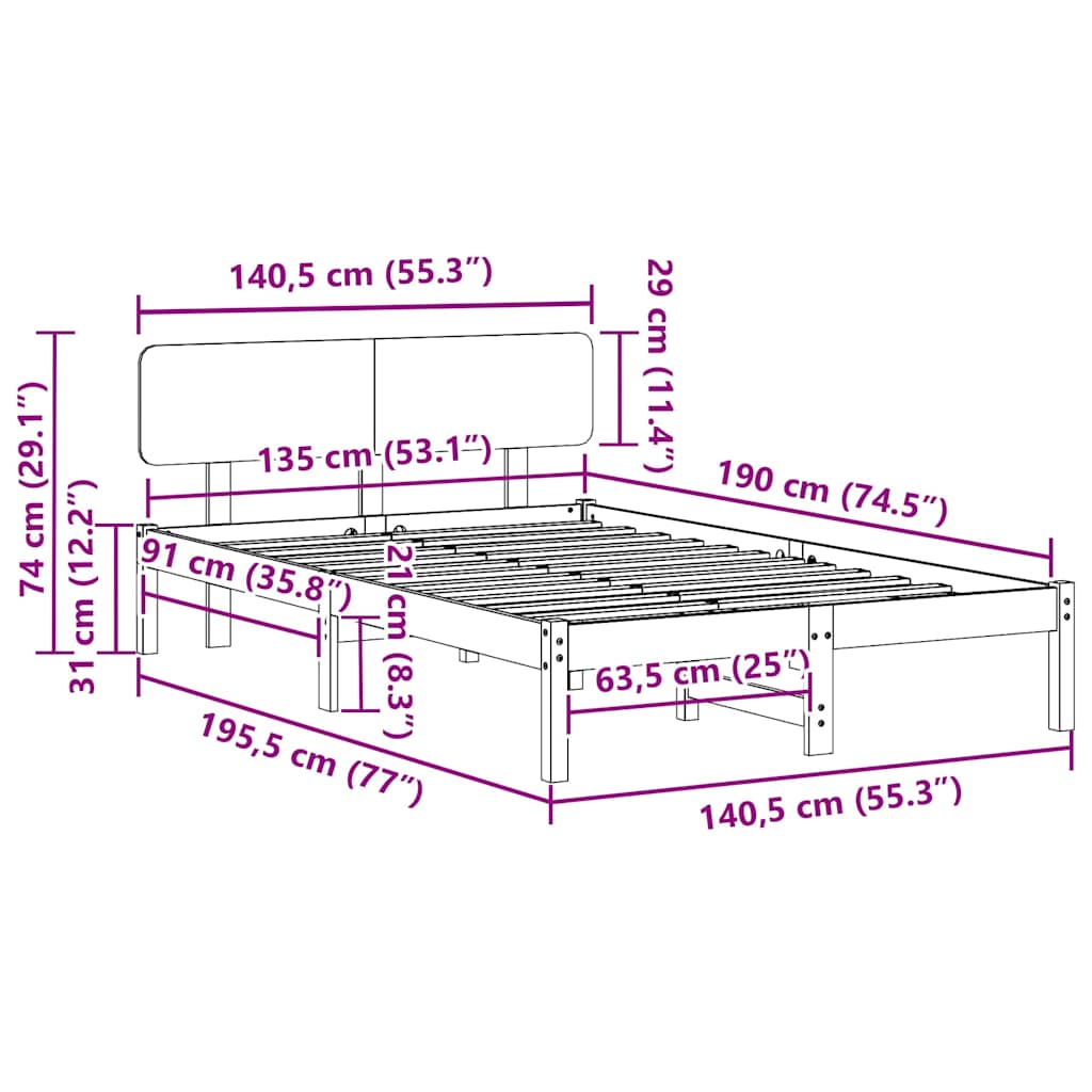 Sengestel med hovedgærde Voks brun 135 x 190 cm Massiv fyrretræ