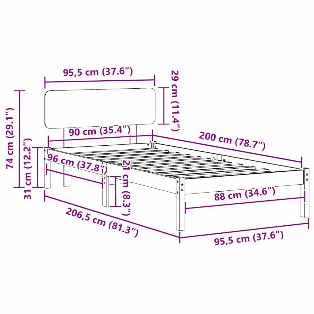 Sengestel Naturfarvet 90 x 200 cm Massiv fyrretræ
