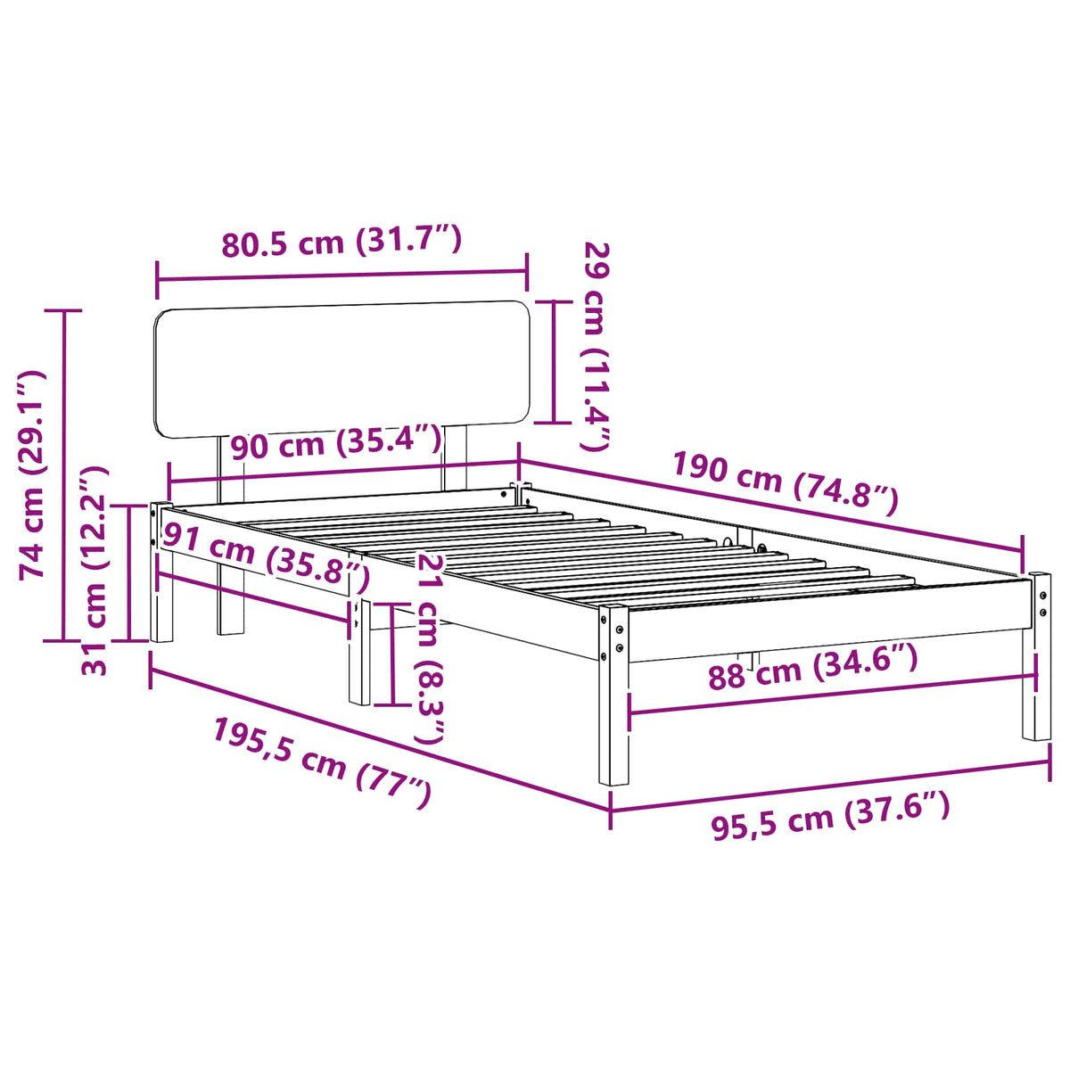 Sengestel Naturfarvet 90 x 190 cm Massiv fyrretræ