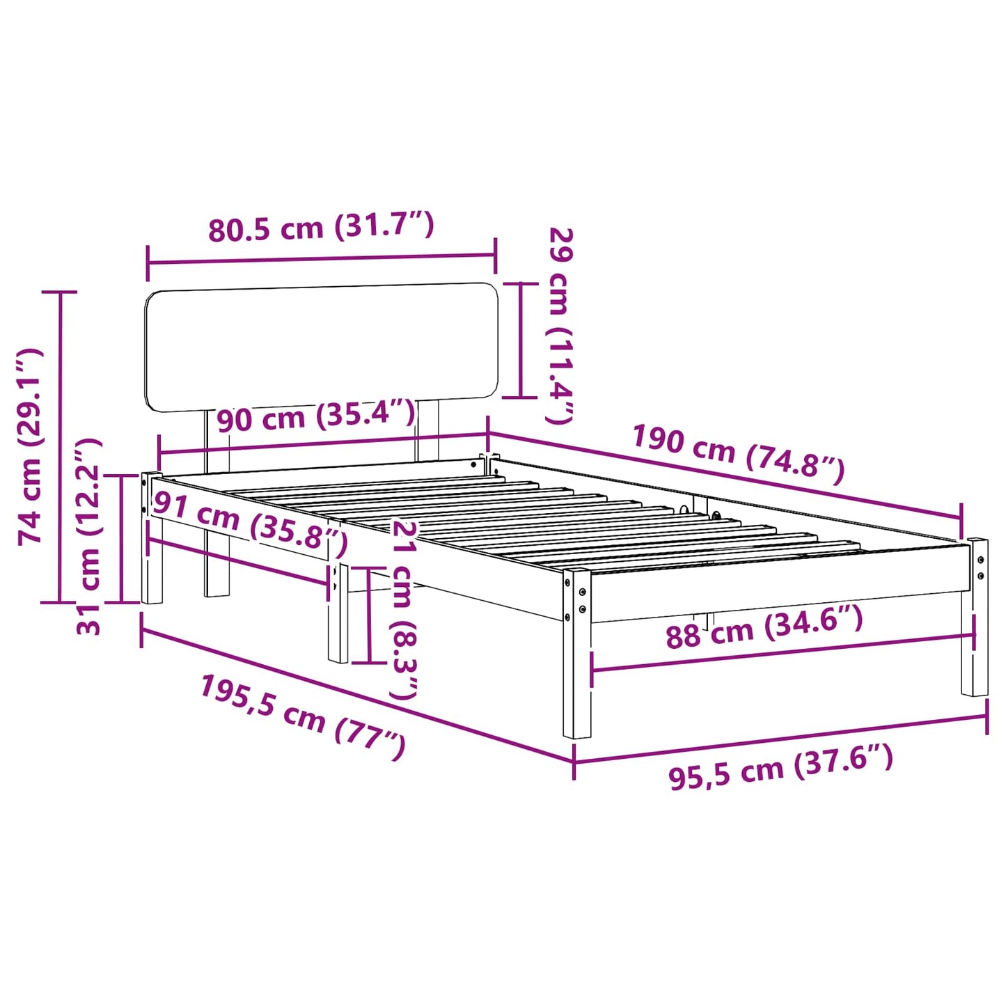 Sengestel med hovedgærde Hvid 90 x 190 cm Massiv fyrretræ