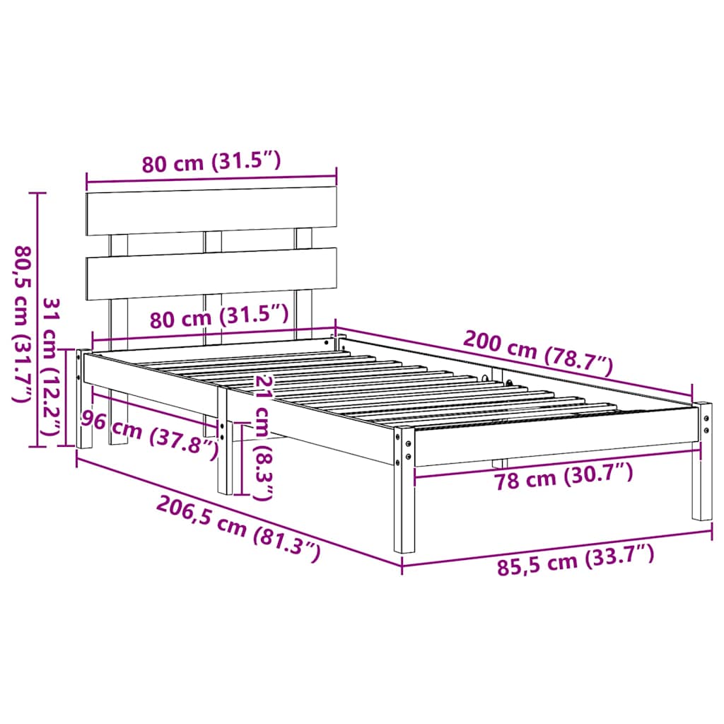Sengestel med hovedgærde Brun 80 x 200 cm Massivt fyrretræ