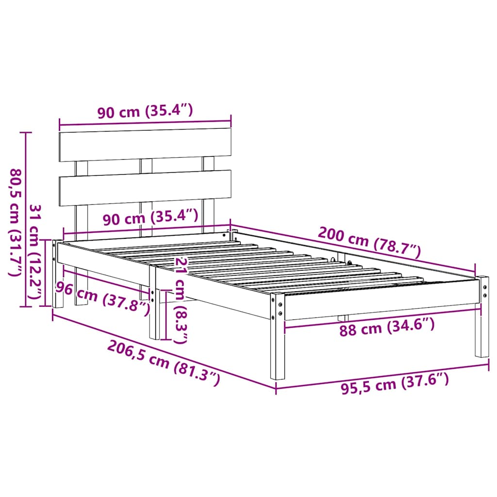 Sengestel med hovedgærde Brun 90 x 200 cm Massivt fyrretræ