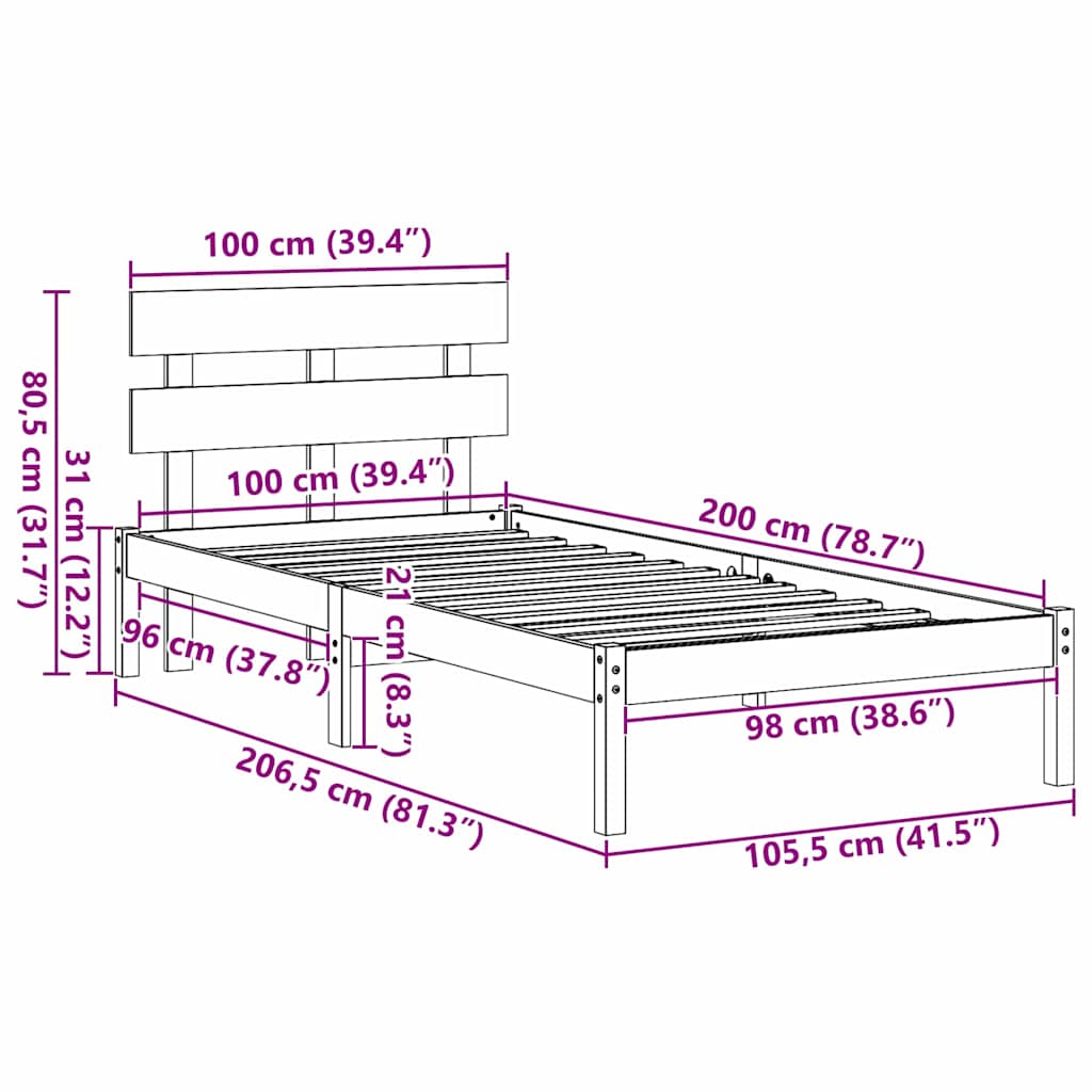 Sengestel med hovedgærde Hvid 100 x 200 cm Massivt fyrretræ