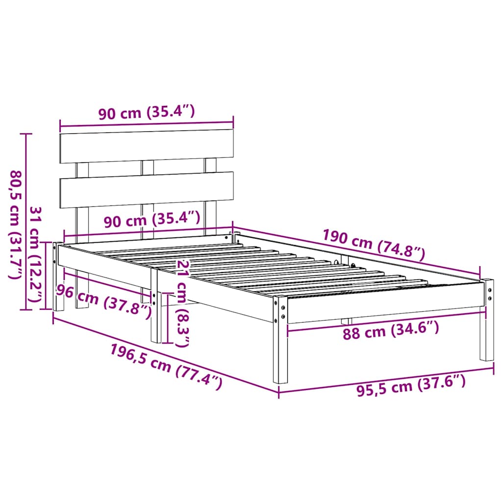 Sengestel med hovedgærde Hvid 90 x 190 cm Massivt fyrretræ