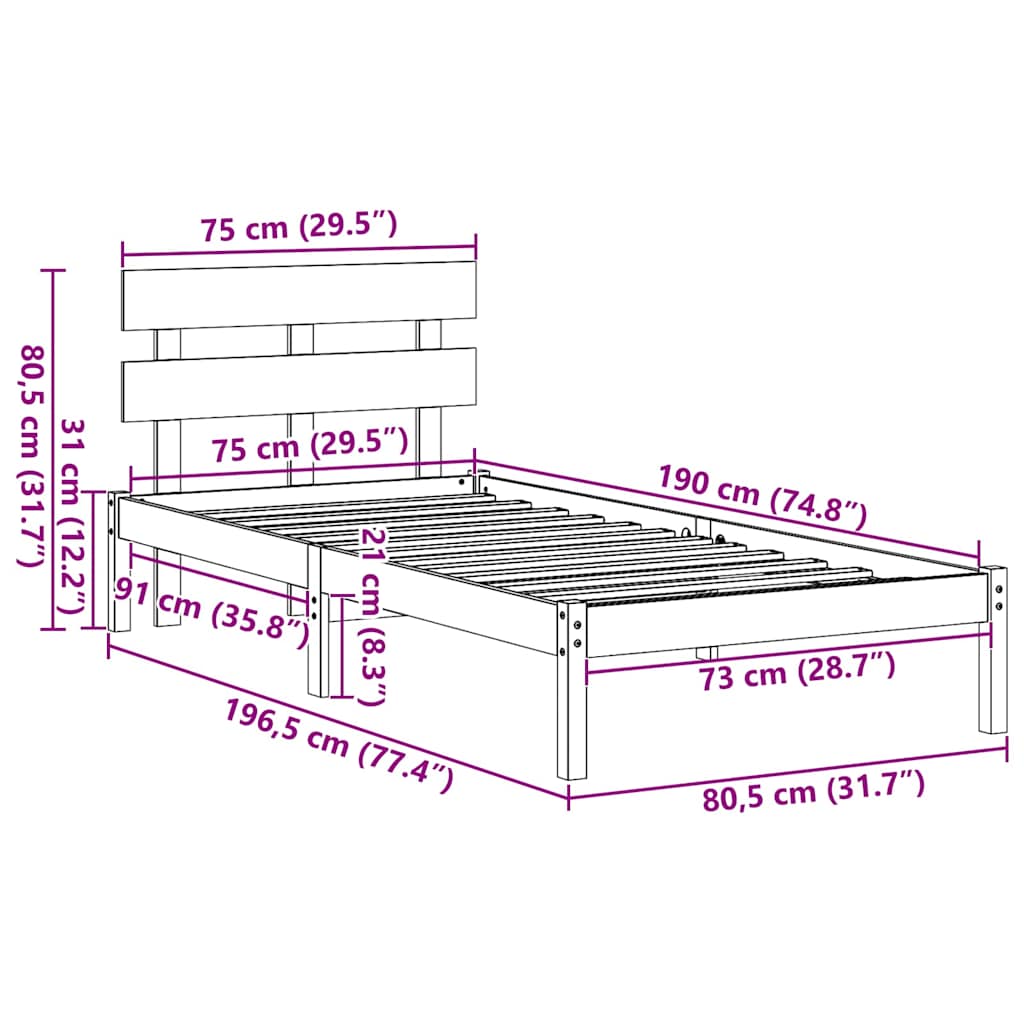 Sengestel med hovedgærde Brun 75 x 190 cm Massivt fyrretræ