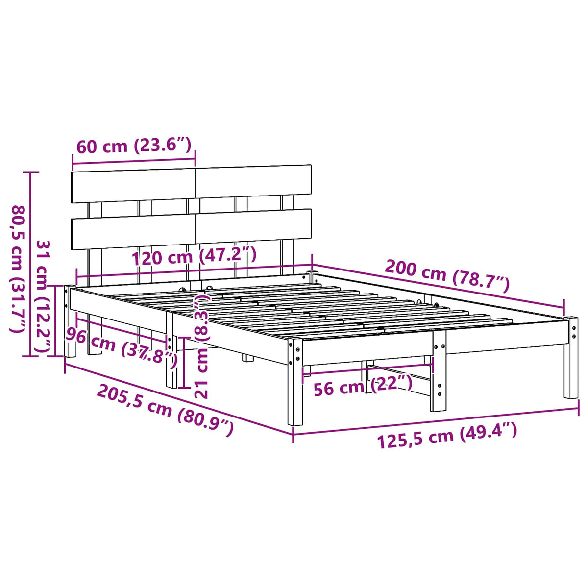 Sengestel med hovedgærde Hvid 120 x 200 cm Massivt fyrretræ