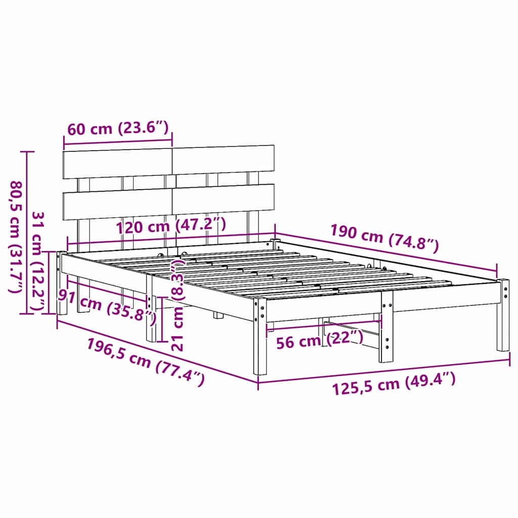 Sengestel med hovedgærde Hvid 120 x 190 cm Massivt fyrretræ
