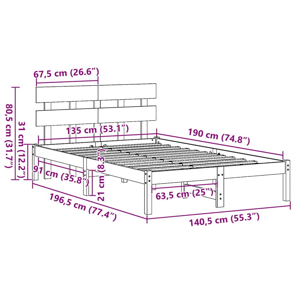 Sengestel med hovedgærde Hvid 135 x 190 cm Massivt fyrretræ