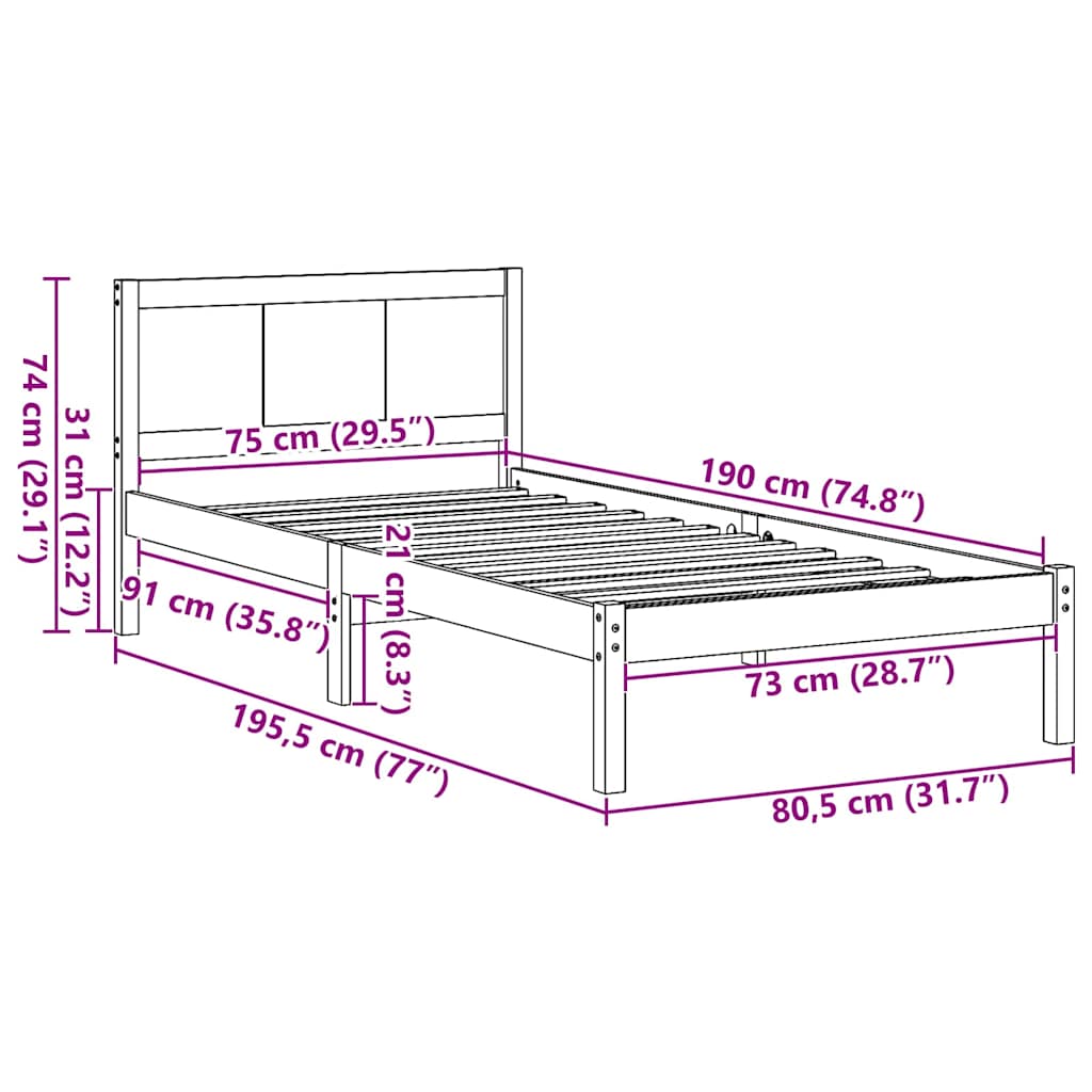 Sengestel Hvid 75 x 190 cm Massivt fyrretræ