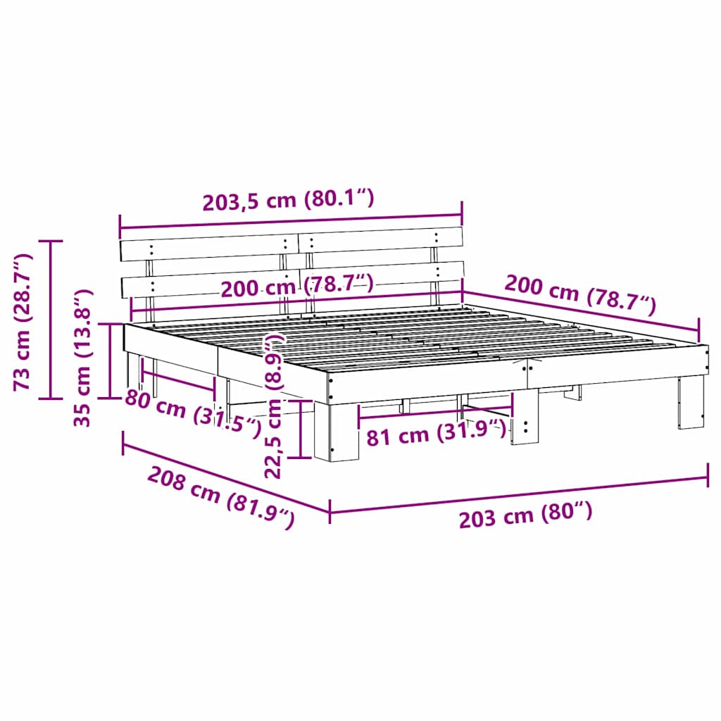 Sengestel med hovedgærde Hvid 200 x 200 cm Massiv fyrretræ