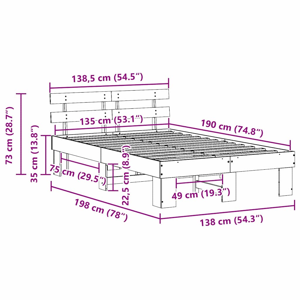 Sengestel med hovedgærde Hvid 135 x 190 cm Massiv fyrretræ