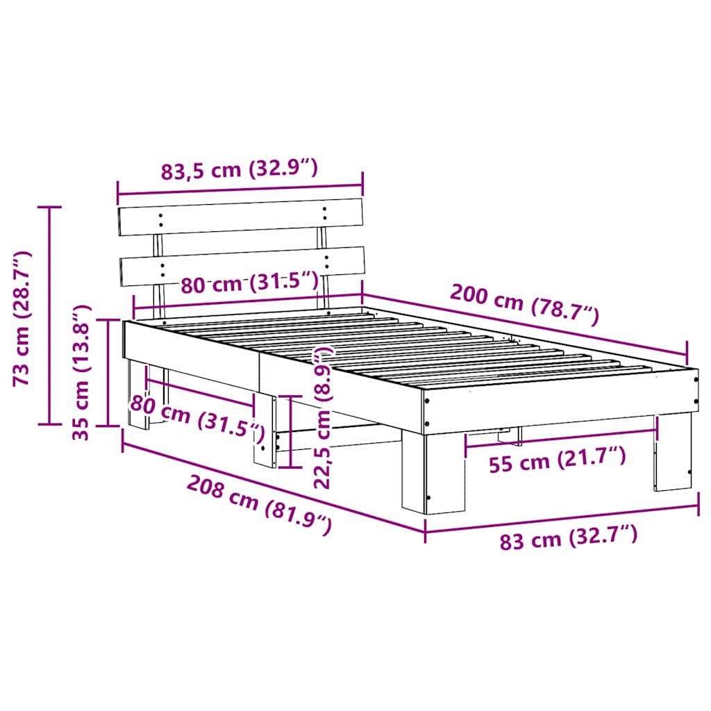 Sengestel med hovedgærde Voks brun 80 x 200 cm Massiv fyrretræ