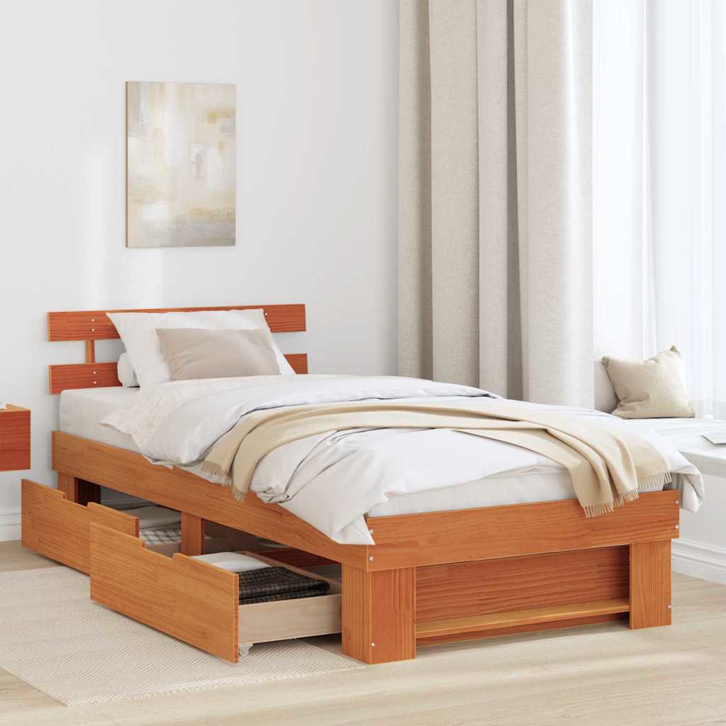 Sengestel med hovedgærde Voks brun 90 x 190 cm Massiv fyrretræ