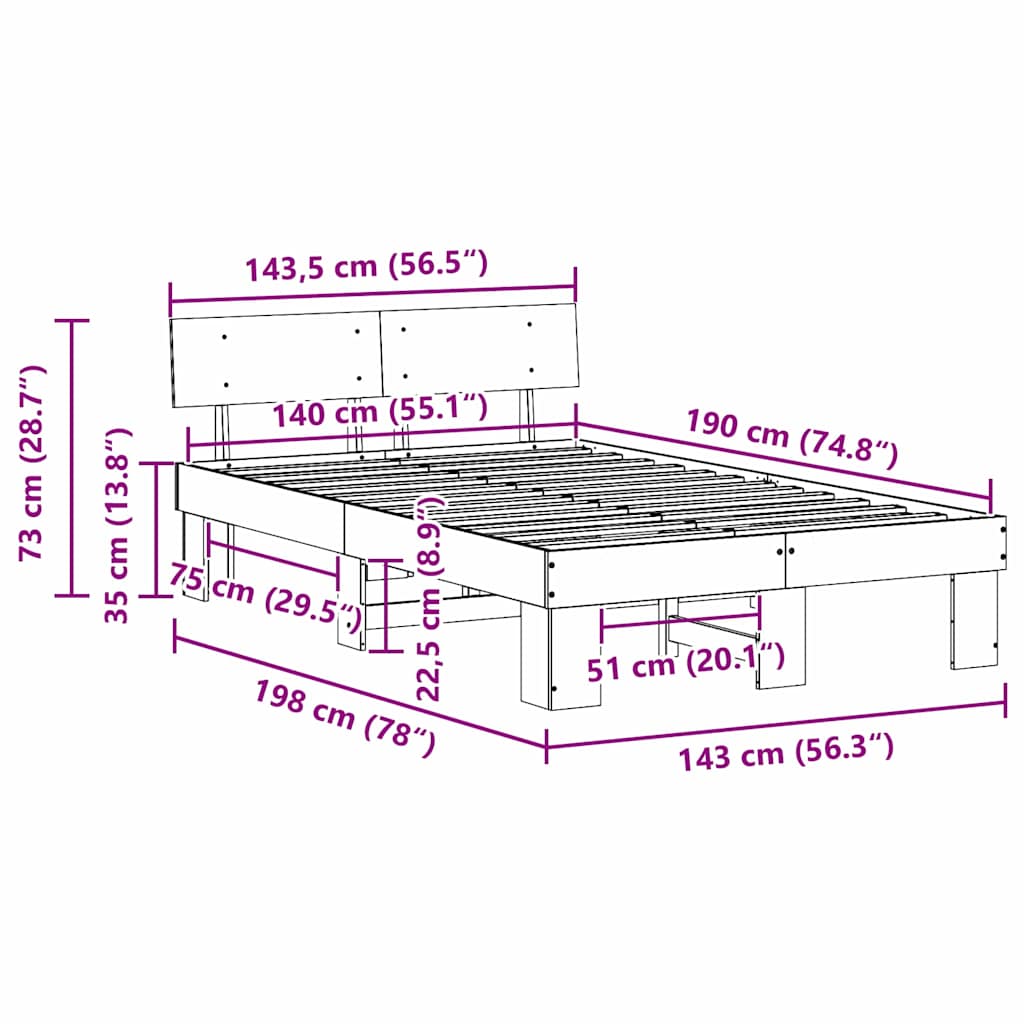 Sengestel Naturfarvet 140 x 190 cm Massiv fyrretræ