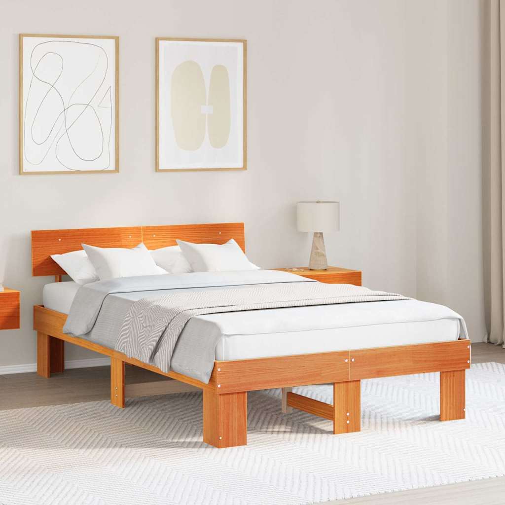 Sengestel med hovedgærde Voks brun 140 x 190 cm Massiv fyrretræ