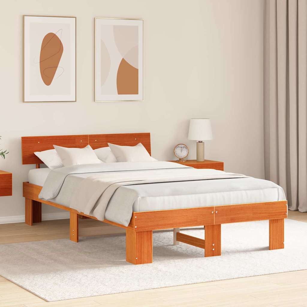 Sengestel med hovedgærde Voks brun 140 x 190 cm Massiv fyrretræ