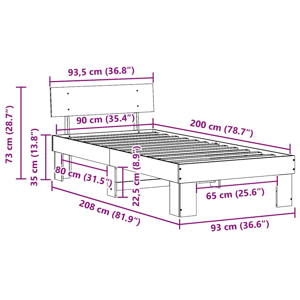Sengestel Naturfarvet 90 x 200 cm Massiv fyrretræ