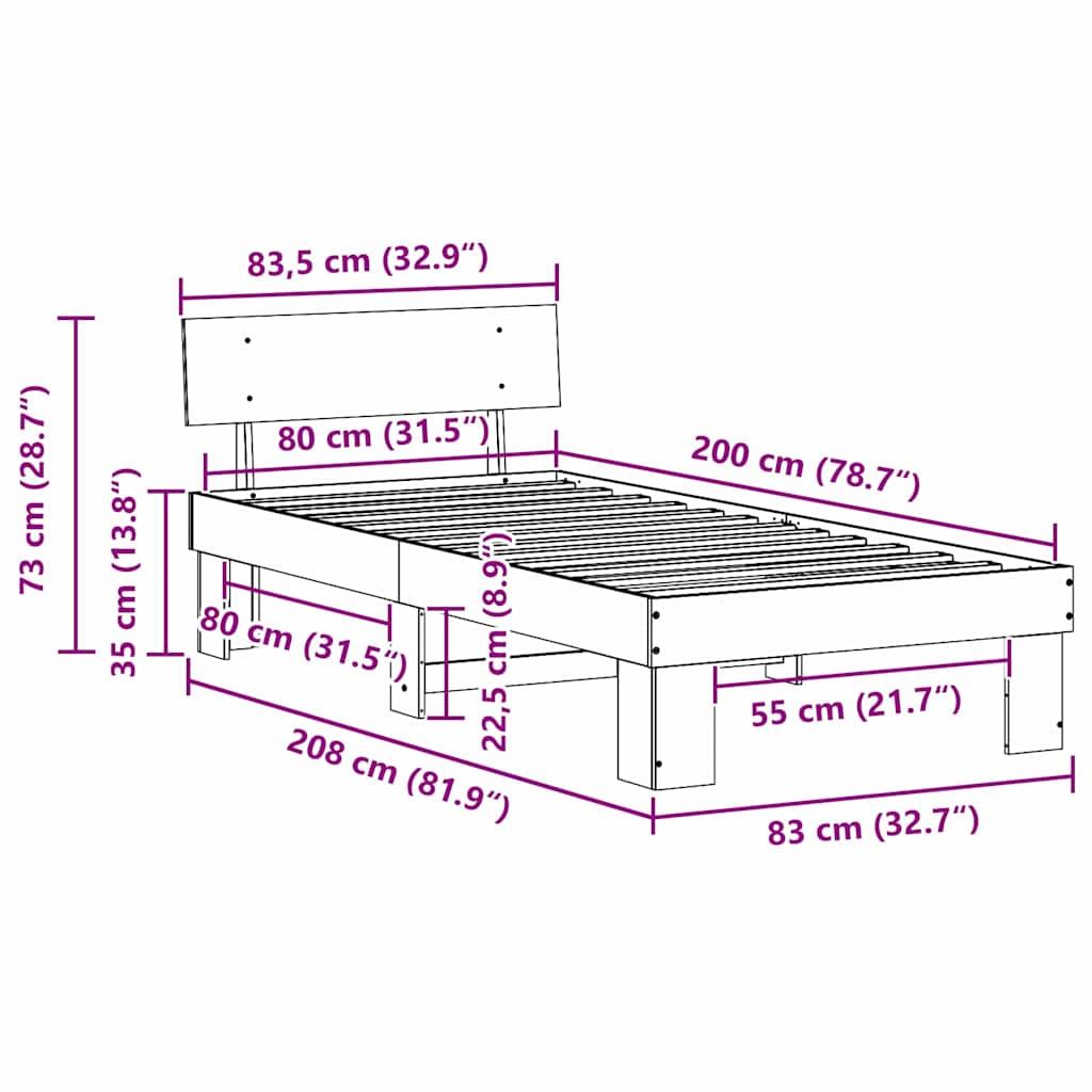 Sengestel med hovedgærde Hvid 80 x 200 cm Massiv fyrretræ